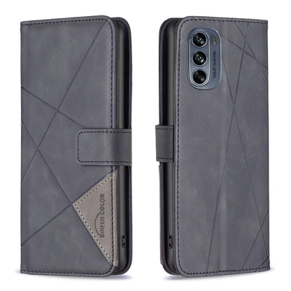 Grey leather phone wallet case with magnetic buckle, rhombus texture, front cover open