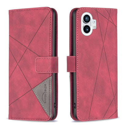 Red folio phone case with magnetic buckle and rhombus texture, front and back view