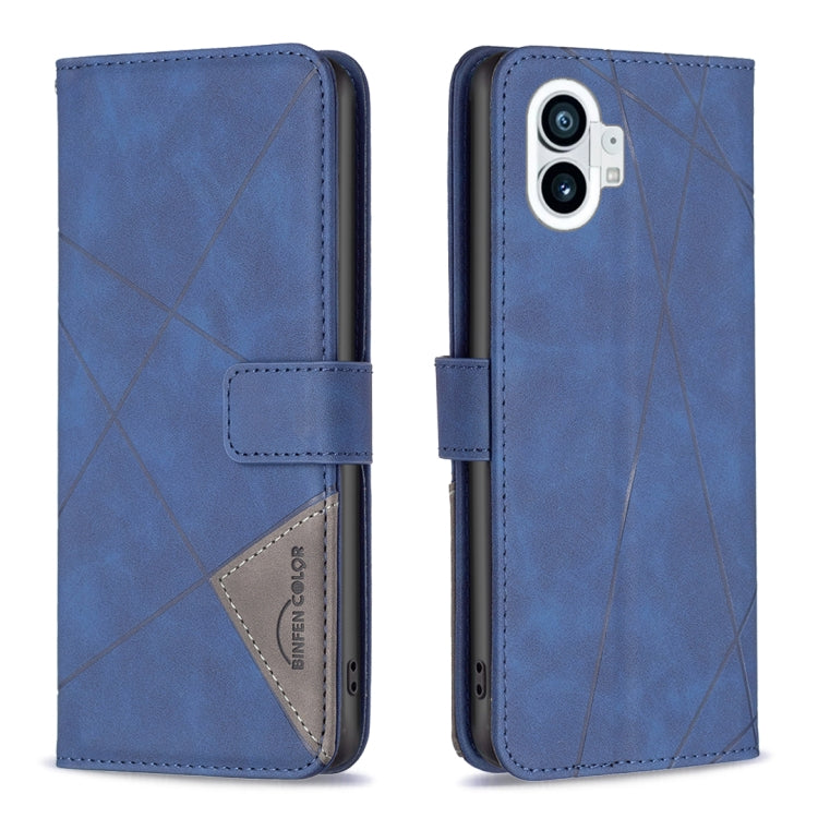 Blue leather phone case with magnetic buckle, rhombus texture, flip cover, camera cutout