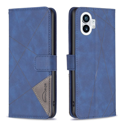Blue leather phone case with magnetic buckle, rhombus texture, flip cover, camera cutout