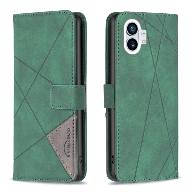 Green leather phone case with magnetic buckle, rhombus texture, flip cover, dual camera cutout