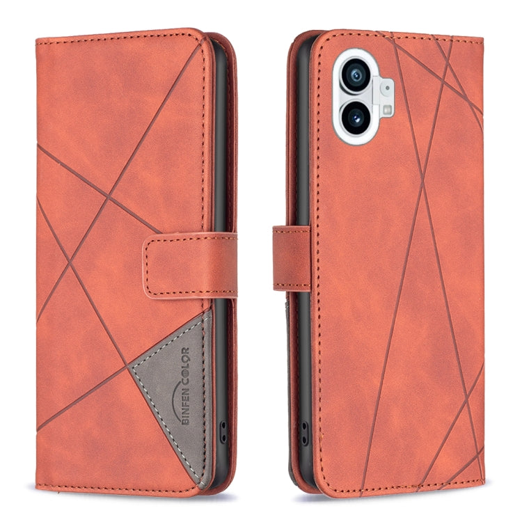 Orange-red magnetic buckle leather phone case with geometric rhombus pattern, folio cover