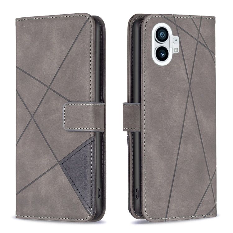 Grey magnetic buckle leather phone case with rhombus texture, fold-over flap and wallet pocket
