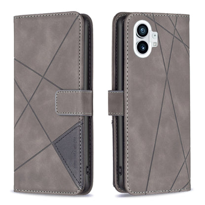 Grey magnetic buckle leather phone case with rhombus texture, fold-over flap and wallet pocket
