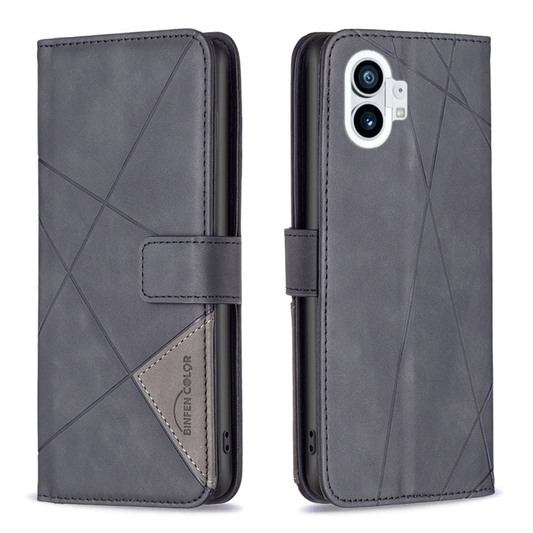 Grey leather phone wallet case with magnetic buckle and rhombus texture, camera cutout