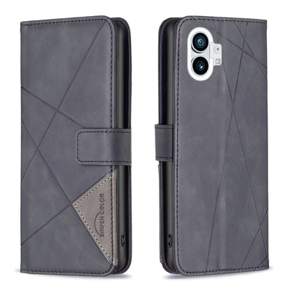 Grey leather phone wallet case with magnetic buckle and rhombus texture, camera cutout
