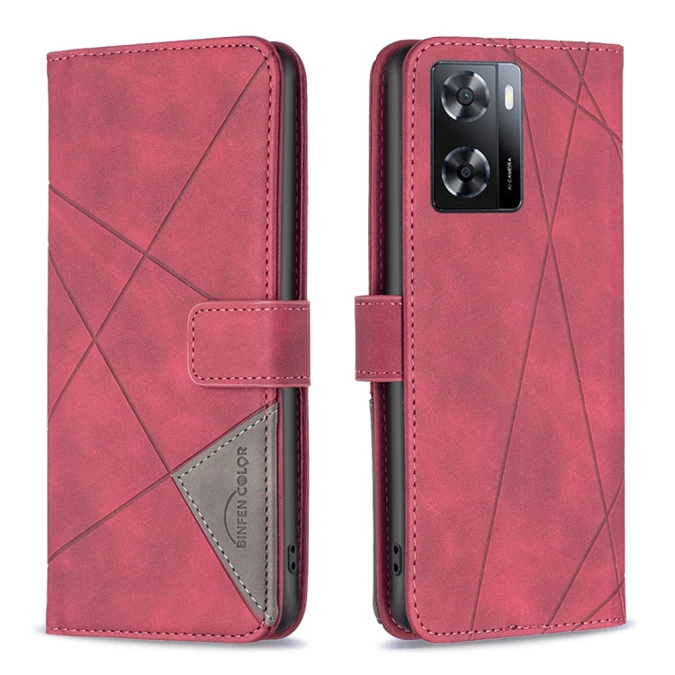 Red folio phone case with magnetic buckle and rhombus texture, rear camera cutout