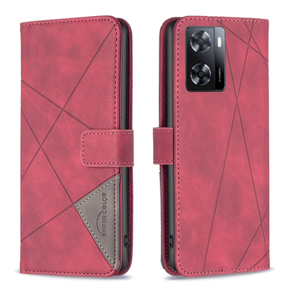 Red folio phone case with magnetic buckle and rhombus texture, rear camera cutout