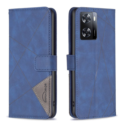 Blue leather phone case with magnetic buckle and rhombus texture, flip cover, dual camera view