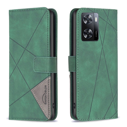 Green leather phone case with magnetic buckle, rhombus texture, flip cover, dual camera view