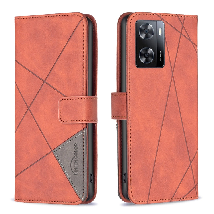 Red magnetic buckle leather phone case with rhombus texture, flip folio and camera cutout