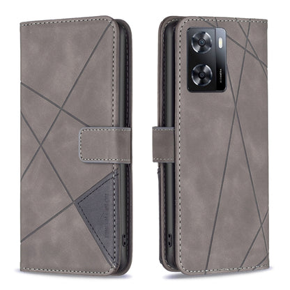 Grey magnetic buckle leather folio phone case with rhombus texture and raised camera cover