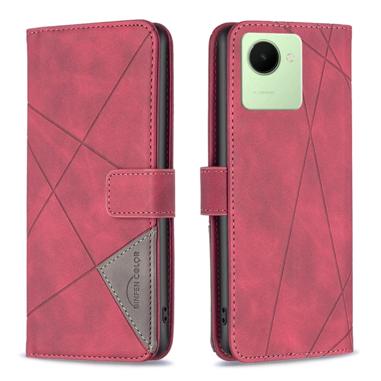 Red folio phone case with magnetic buckle and rhombus texture, phone camera opening