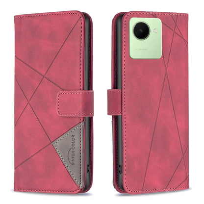 Red folio phone case with magnetic buckle and rhombus texture, phone camera opening