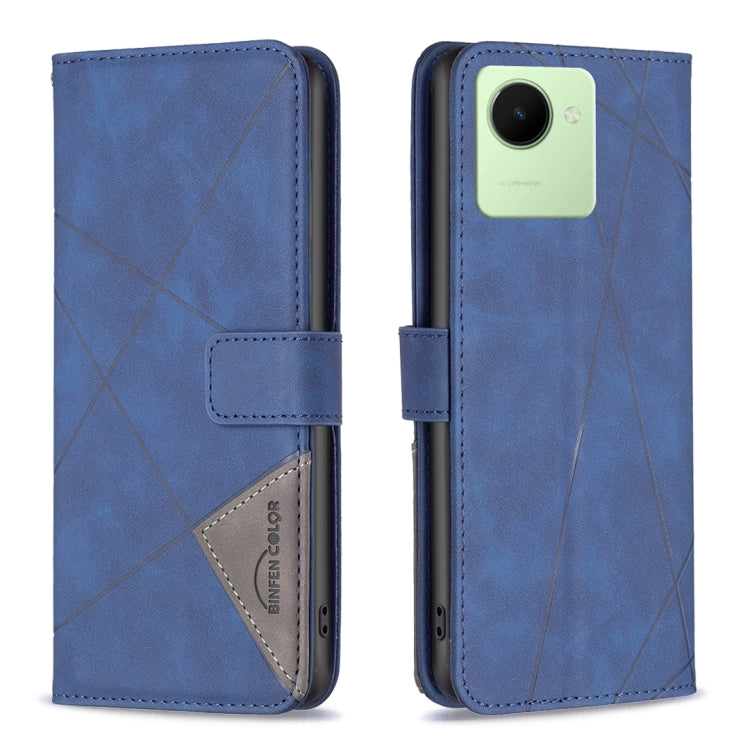 Blue leather phone case with magnetic buckle, rhombus texture, flip cover, single camera cutout