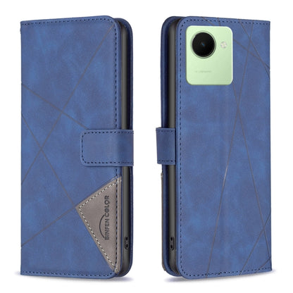 Blue leather phone case with magnetic buckle, rhombus texture, flip cover, single camera cutout