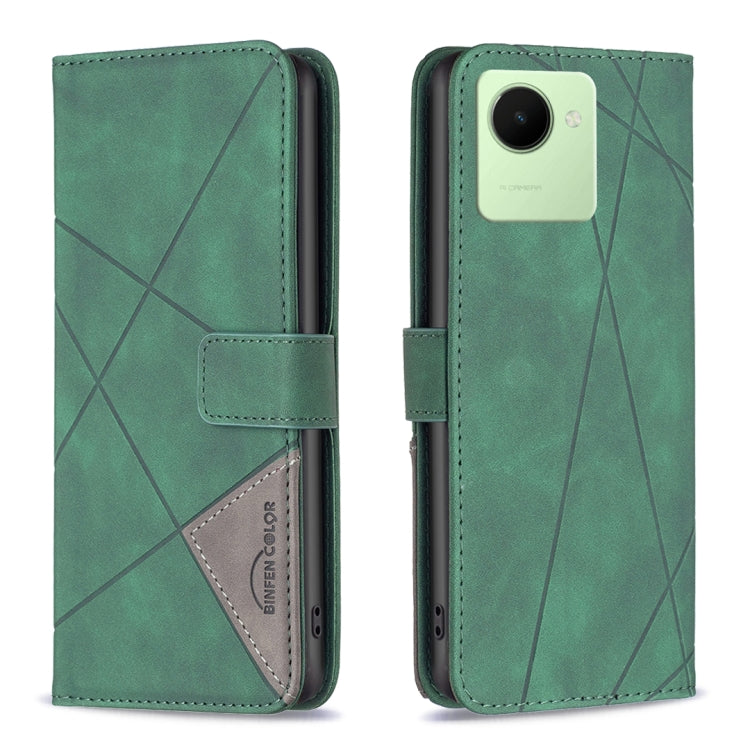 Green leather phone case with magnetic buckle, rhombus texture, flip cover, single camera cutout