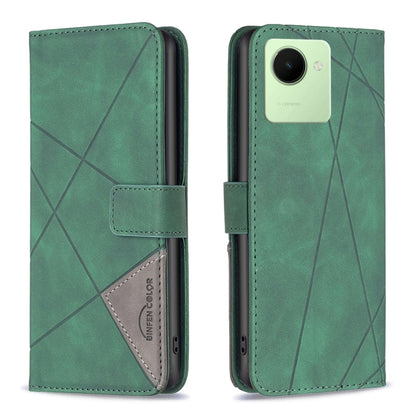 Green leather phone case with magnetic buckle, rhombus texture, flip cover, single camera cutout