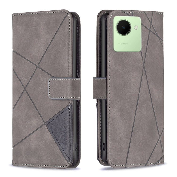 Grey magnetic buckle leather phone case with rhombus texture, folio flap and card slot