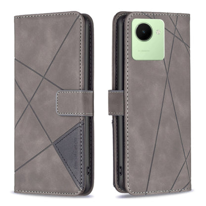 Grey magnetic buckle leather phone case with rhombus texture, folio flap and card slot
