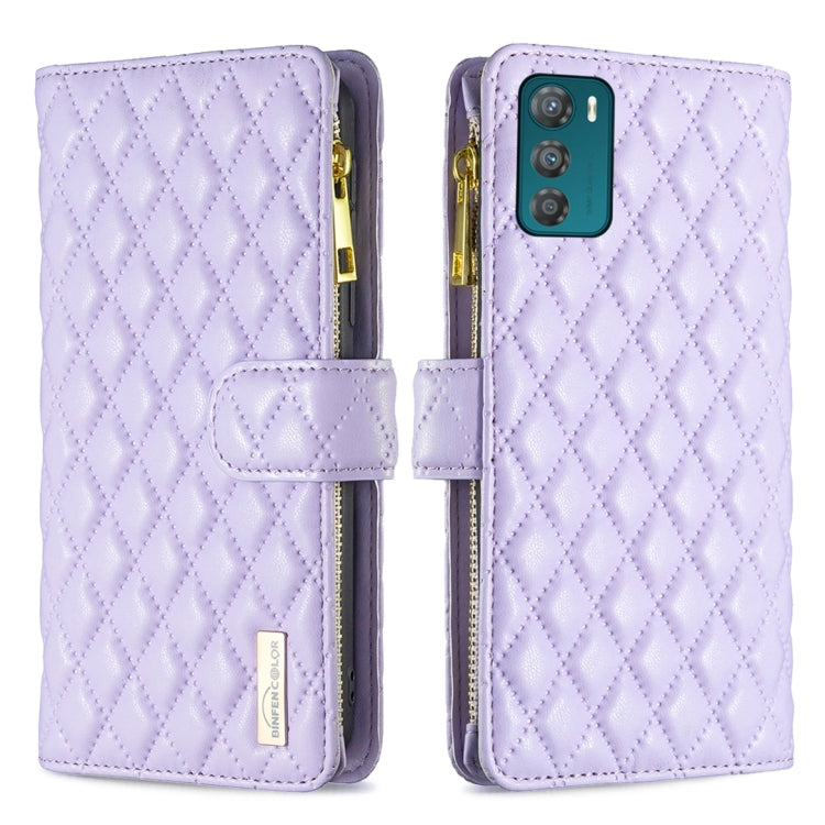 Lavender leather flip wallet case with diamond lattice, zipper, and magnetic strap; camera cutout