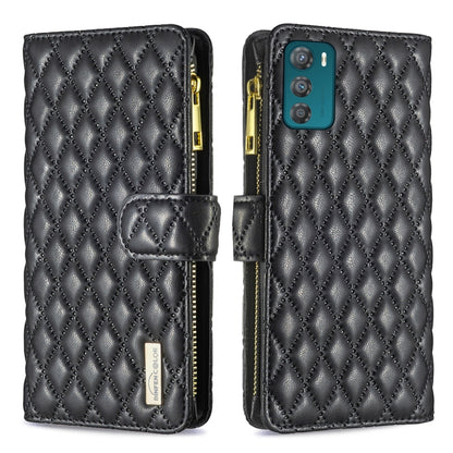 Black leather flip wallet case with diamond lattice, zipper, and magnetic strap; dual camera cutout