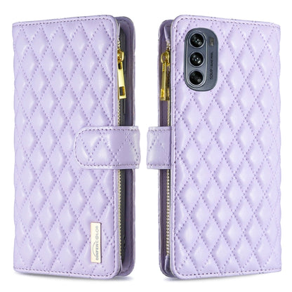 Lavender leather flip wallet case with diamond lattice, zipper, and magnetic strap; triple camera cutout