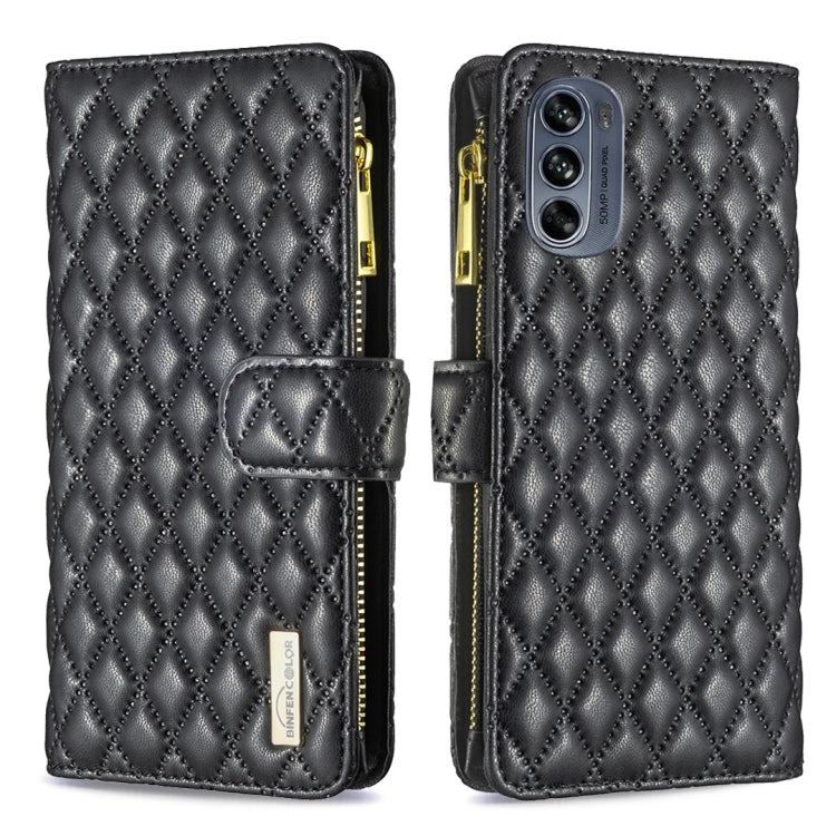Black leather flip wallet case with diamond lattice, zipper, and magnetic strap; triple camera cutout