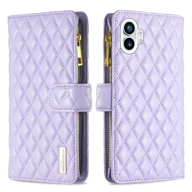 Lavender leather flip wallet case with diamond lattice, zipper, and magnetic strap; dual camera cutout