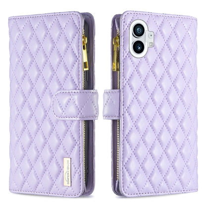 Lavender leather flip wallet case with diamond lattice, zipper, and magnetic strap; dual camera cutout