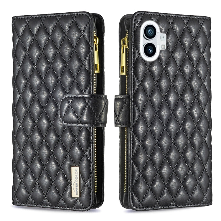 Black leather flip wallet case with diamond lattice, zipper, and magnetic strap; dual camera cutout