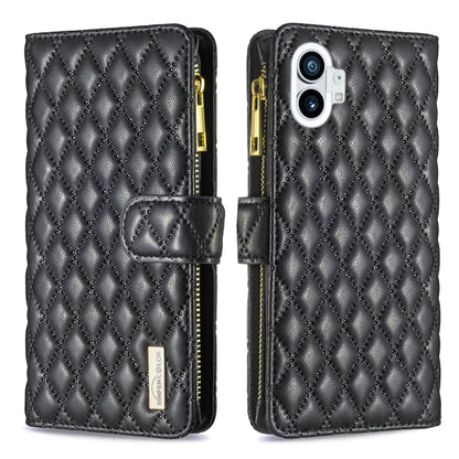Black leather flip wallet case with diamond lattice, zipper, and magnetic strap; dual camera cutout