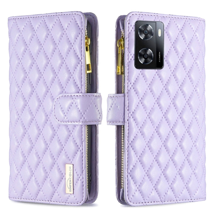 Lavender leather flip wallet case with diamond lattice, zipper, and magnetic strap; triple camera cutout