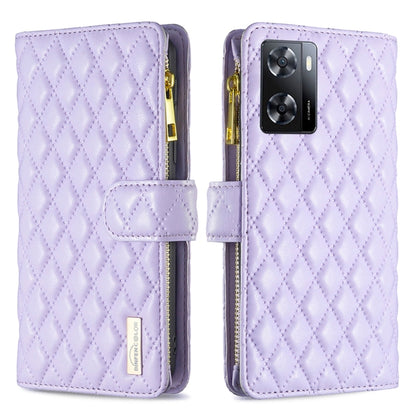 Lavender leather flip wallet case with diamond lattice, zipper, and magnetic strap; triple camera cutout