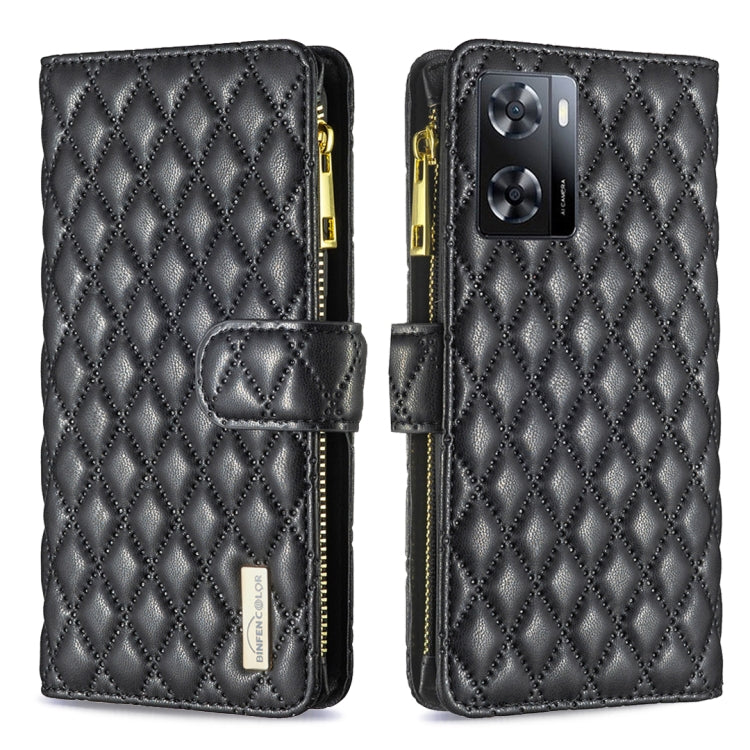Black leather flip wallet case with diamond lattice, zipper, and magnetic strap; triple camera cutout