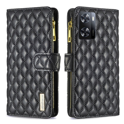 Black leather flip wallet case with diamond lattice, zipper, and magnetic strap; triple camera cutout