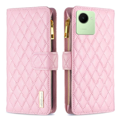 Pink leather flip wallet case with diamond lattice, zipper, and magnetic strap; camera cutout