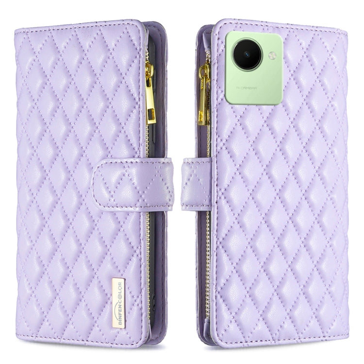 Lavender leather flip wallet case with diamond lattice, zipper, and magnetic strap; camera cutout
