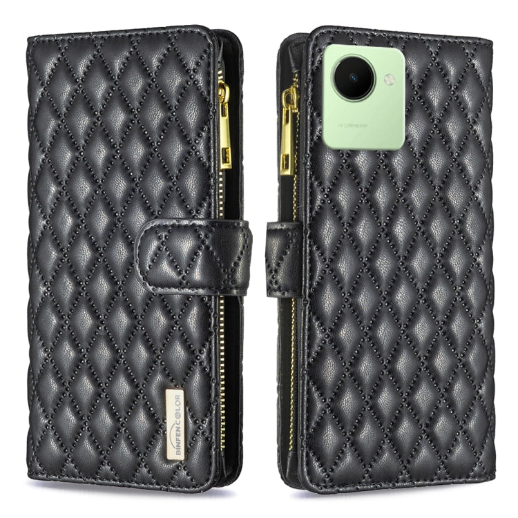 Black diamond lattice leather flip phone case with zipper wallet and magnetic strap