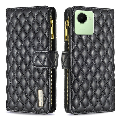 Black diamond lattice leather flip phone case with zipper wallet and magnetic strap