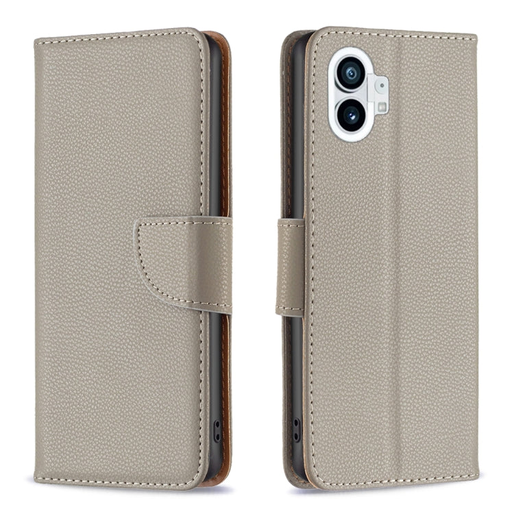 Grey litchi-texture leather phone case with flip cover and camera cutout