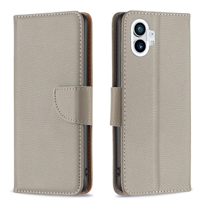 Grey litchi-texture leather phone case with flip cover and camera cutout