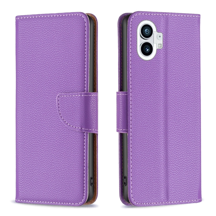 Purple litchi-texture leather phone case with flip cover and camera cutout