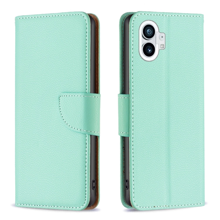 Light teal litchi-texture leather phone case with flip cover and camera cutout