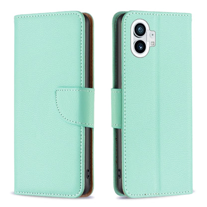 Light teal litchi-texture leather phone case with flip cover and camera cutout
