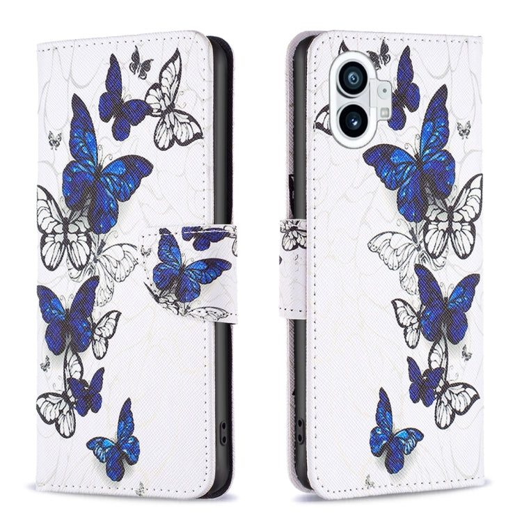 White leather wallet phone case with blue butterfly and floral line art pattern