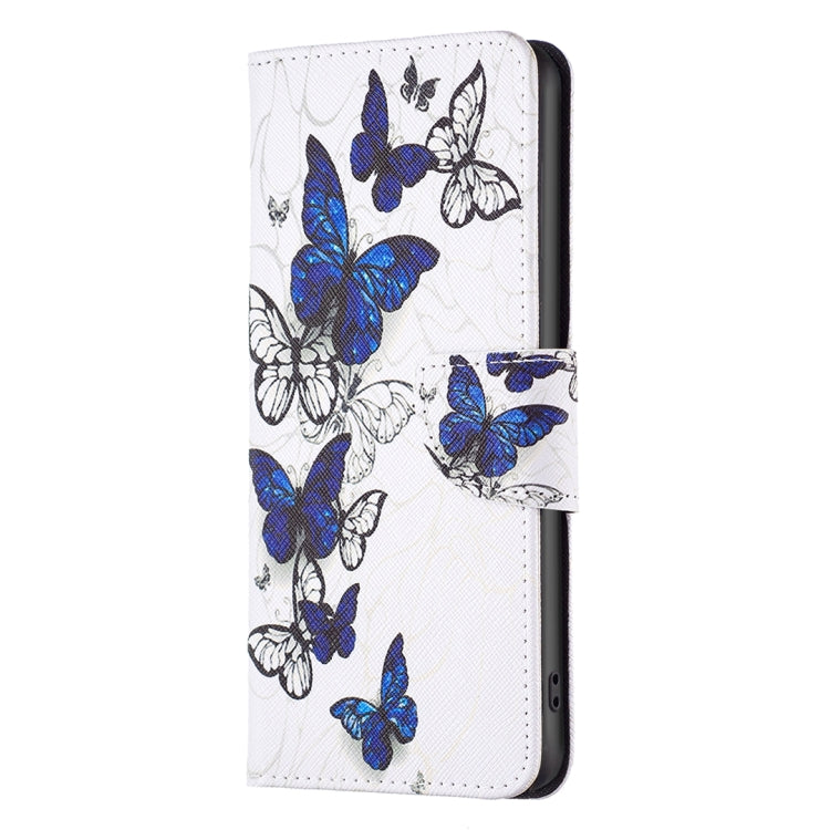 White leather wallet phone case with blue butterflies and white floral sketch pattern