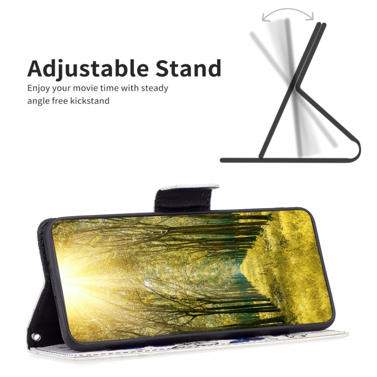 Blue patterned leather wallet phone case with gold forest scene and fold stand