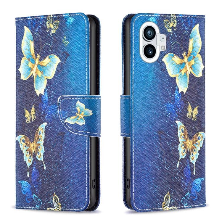 Blue leather wallet phone case with gold butterflies and butterfly wing motif