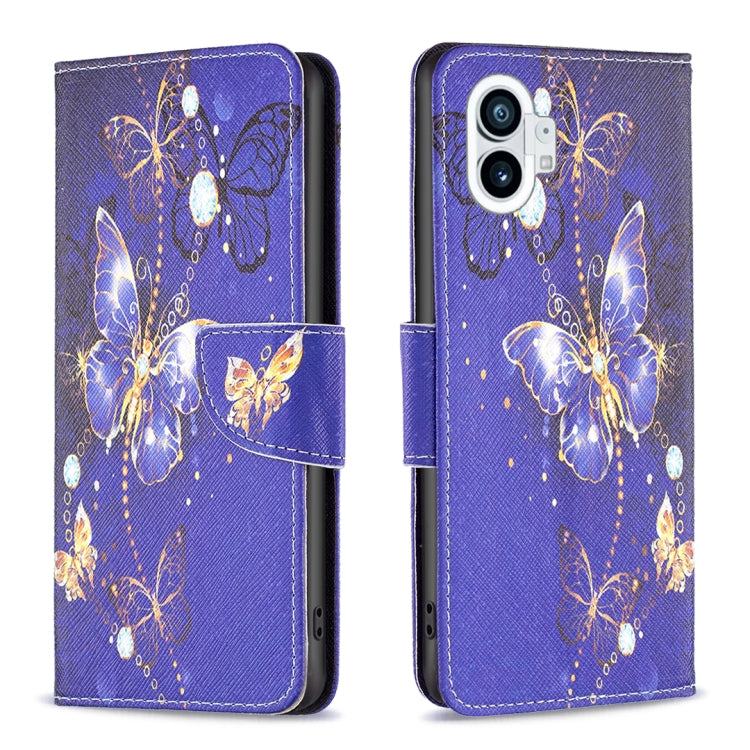 Purple leather wallet phone case with gold butterfly and spark dot pattern